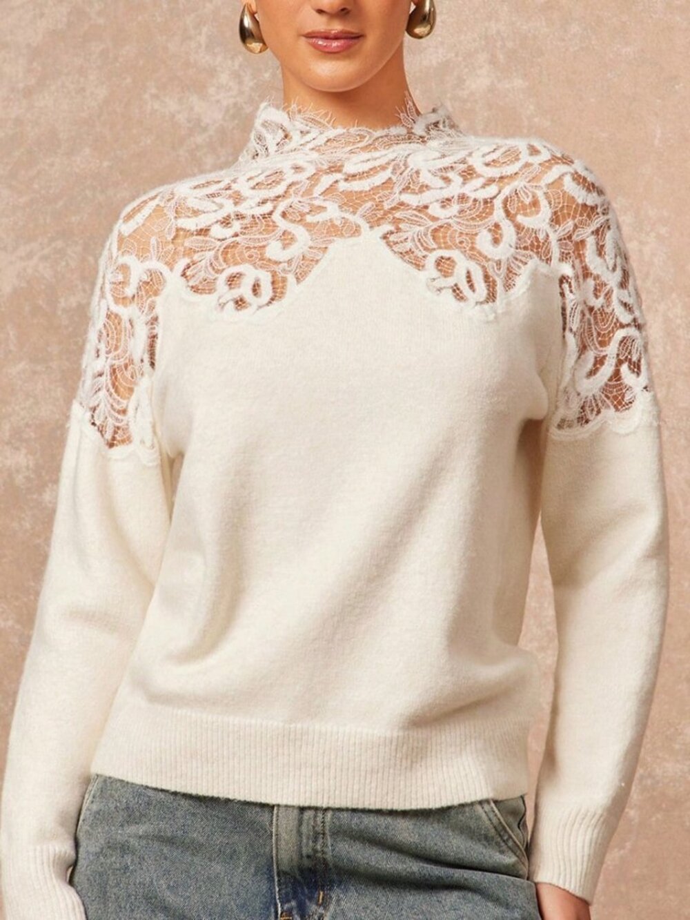 Apricot Casual Women's Baroque Contrast Lace Stand Collar Pullovers